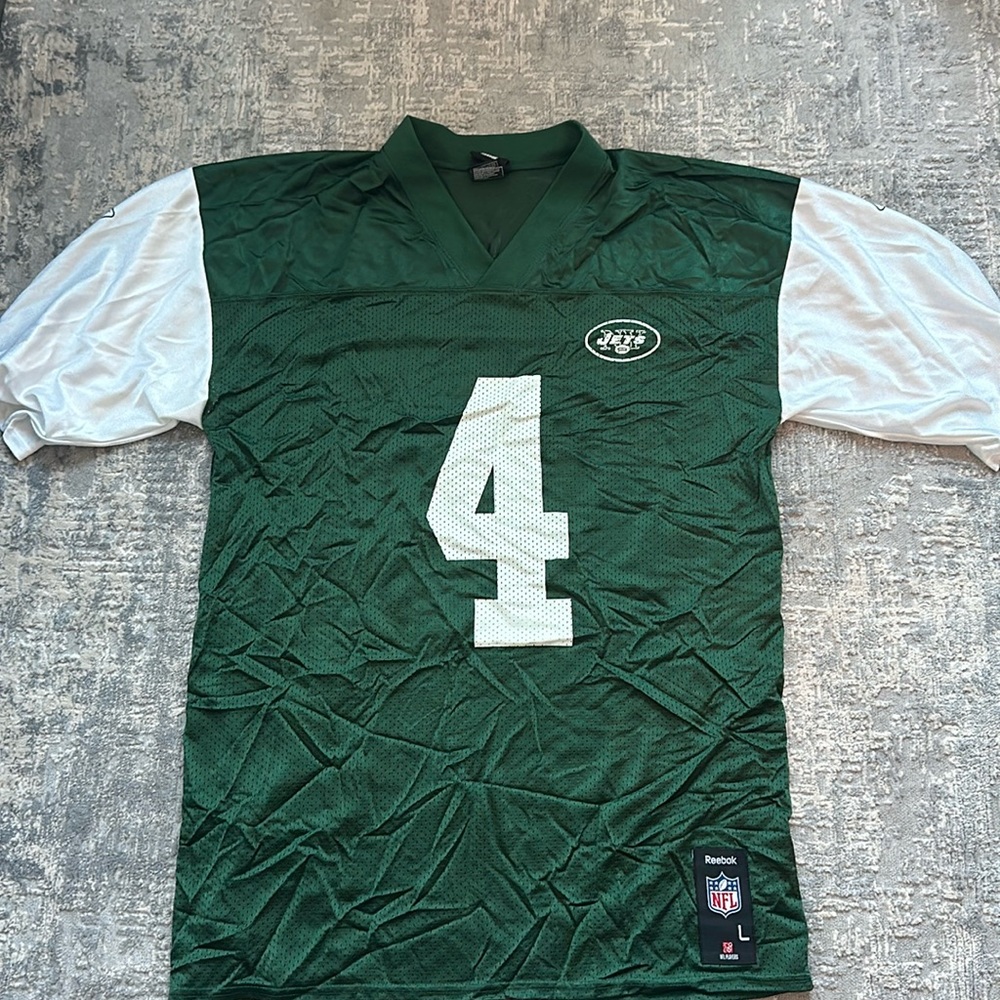 Reebok Brett Farve Jets Jersey. Green and white.